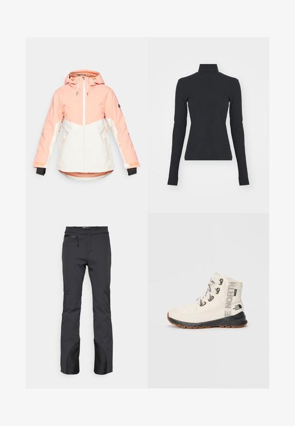 Dame vinterjakke i lys fersken og hvid, med hætte, lynlåslukning, justerbare manchetter og sidelommer. Glat, vandafvisende stof.; Sort ribbet turtle neck bluse med lange ærmer, tætsiddende pasform, glat tekstur og subtil stræk, designet til komfort og lagdeling.; Sorte udendørsbukser lavet af teknisk stof, med en lynlåslomme, flad talje og sorte detaljer ved nederste kant.; Hvide isolerede støvler med sort gummisål, hvide snørebånd og "The North Face" branding. Har en polstret krave og struktureret stof.