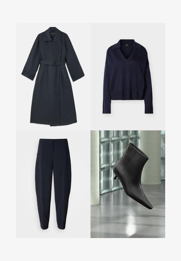 Abrigo gris oscuro con un cuello alto, cintura ceñida con cinturón, dos bolsillos laterales y mangas amplias. Fabricado con un tejido texturizado y un diseño limpio.; Suéter de manga larga azul marino con cuello en V, collar, puños y dobladillo acanalados, mostrado sobre un fondo blanco liso.; Pantalones azul marino entallados con cintura de talle medio y bolsillos laterales, con detalles sutiles de costuras a lo largo de las piernas.; Bota de cuero negro para el tobillo con puntera puntiaguda y tacón pequeño, exhibida frente a una pared de bloques de vidrio y un suelo pulido.