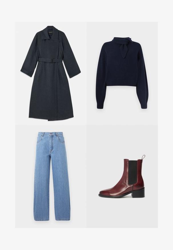 Mørkegrå frakke med høj krave, bælte i taljen, to sidelommer og brede ærmer. Lavet af tekstureret stof med et enkelt design.; Marineblåt cropped sweater lavet af blødt strikket stof, med en mock neck og en bundet scarf-detalje, samt ribbede håndled og kant.; Lyseblå, vidde jeans lavet af denim, med høj talje, forlommer og diskrete syninger på sømmene.; Bordeaux læder ankelstøvle med en sort elastisk sidepanel, rund tå og en lav blokhælhøj. Har syninger og en påtrækningstab.