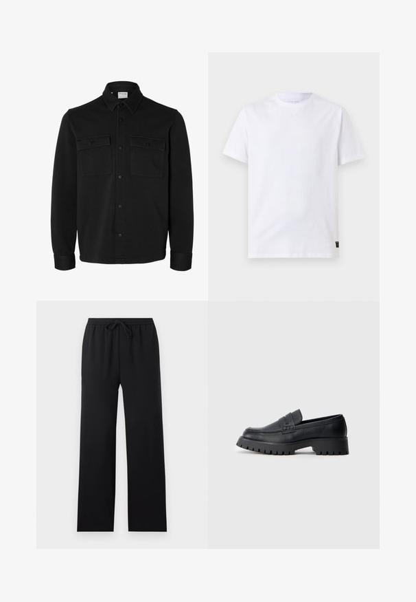 Chaqueta camisa negra de manga larga con botones, cuello puntiagudo, dos bolsillos en el pecho con solapas y botones, y puños abotonados.; Camiseta blanca lisa de manga corta con cuello redondo y una pequeña etiqueta negra de cuidado en el bajo, sobre un fondo gris claro.; Pantalones negros de corte holgado con cintura elástica y cordón frontal, piernas rectas, diseño sencillo, mostrados sobre un fondo neutro.; Mocasines de cuero negro con punta redondeada, que presentan una correa decorativa y una suela de goma gruesa con surcos profundos para mayor tracción.