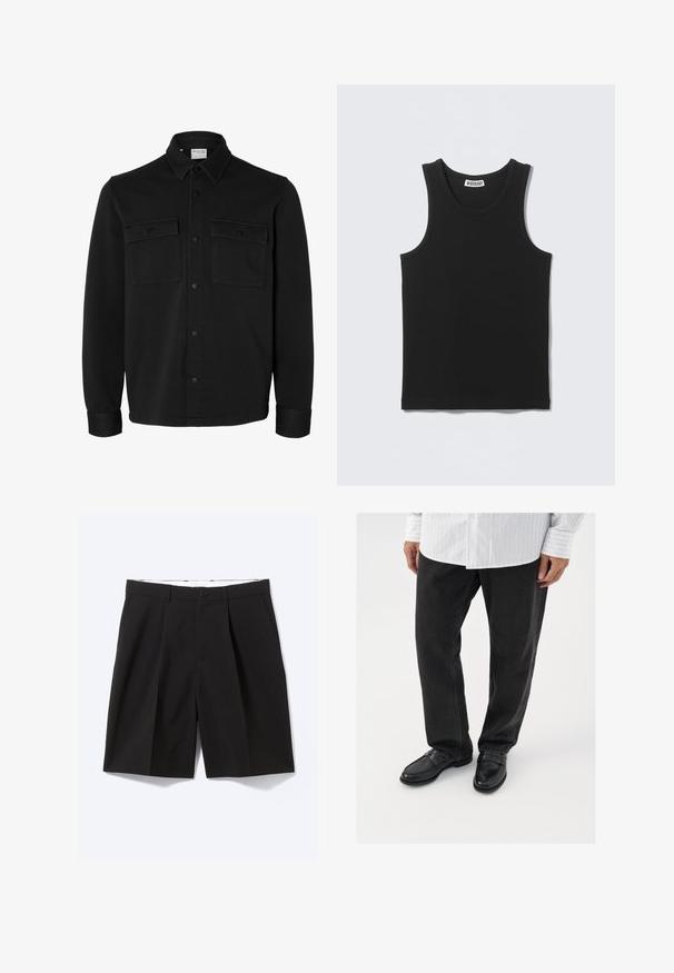 Chaqueta camisa negra de manga larga con botones, cuello puntiagudo, dos bolsillos en el pecho con solapas y botones, y puños abotonados.; Camiseta negra sin mangas con costillas, escote redondo y etiqueta de la marca Weekday en el interior del cuello trasero.; Pantalones cortos negros confeccionados a medida hasta la rodilla con trabillas para cinturón, bolsillos laterales, cierre con botones y pinzas delanteras, extendidos sobre un fondo blanco.; Pantalones de mezclilla negros combinados con mocasines negros brillantes. La camisa es blanca con finas rayas verticales, de mangas largas y con cuello abotonado.