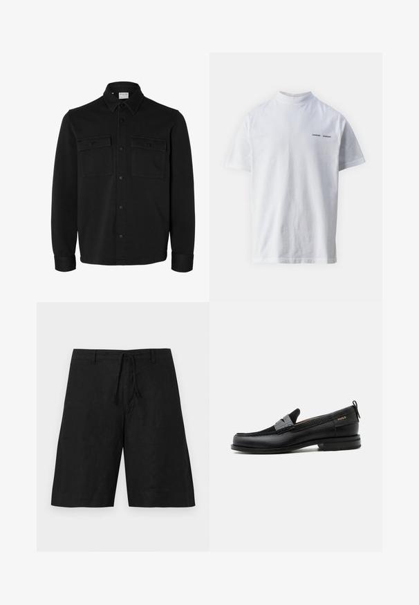 Sort langærmet skjortejakke med knapper, spids krave, to brystlommer med klapper og knapper samt knaphul på manchetterne.; Hvid bomulds t-shirt med høj halsudskæring og korte ærmer. Har "SAMSØE SAMSØE" logo i sort på forsiden. Glat tekstur.; Sorte linnedshorts med en afslappet pasform, snoretræk i taljen og uden synlige mønstre. Stoffet virker let med en let struktureret overflade.; Sort læderloafer med grå remdetalje, lav hæl og tekstureret sål, mærket med "HUGO" i guld på siden.