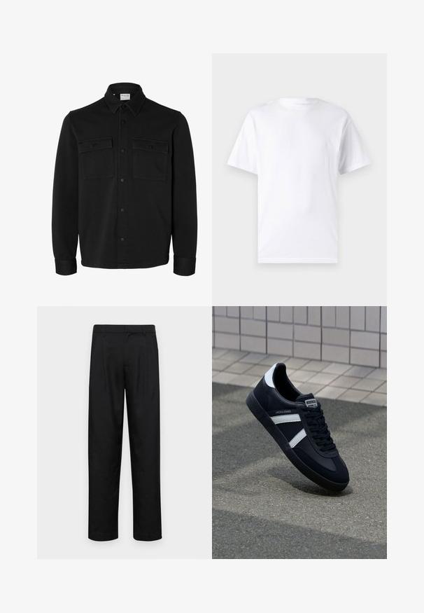 Zwart overhemdjack met lange mouwen en knopen, met spitse kraag, twee borstzakken met klep en knopen en knoopmanchetten.; Witte T-shirt met korte mouwen, gemaakt van katoen, met een ronde hals. Het heeft een gladde textuur en een eenvoudig ontwerp zonder patronen of accenten.; Zwarte broeken van gladde stof, met een recht model, twee voorknikken en een standaard tailleband met riemlussen.; Zwarte leren sneaker met witte strepen, een gestructureerde rubberen zool en vetersluiting aan de voorkant. Voorzien van een merklabel op de tong.