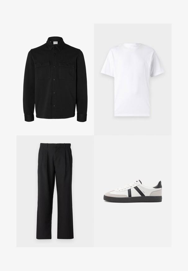 Zwart overhemdjack met lange mouwen en knopen, met spitse kraag, twee borstzakken met klep en knopen en knoopmanchetten.; Witte T-shirt met korte mouwen, gemaakt van katoen, met een ronde hals. Het heeft een gladde textuur en een eenvoudig ontwerp zonder patronen of accenten.; Jack & Jones Classic Wide Leg Fit - Broek - black; Witte sneaker met zwarte en grijze accenten, voorzien van een grijze neus met textuur, zwarte rubberen zool en platte witte veters. Schoon ontwerp, minimalistische stijl.