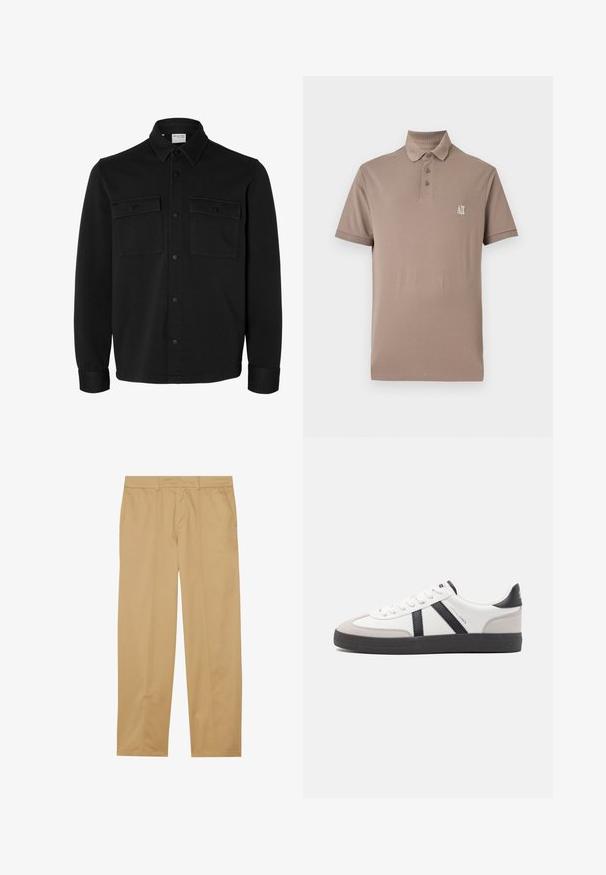 Zwart overhemdjack met lange mouwen en knopen, met spitse kraag, twee borstzakken met klep en knopen en knoopmanchetten.; Bruine poloshirt van glad katoen. Heeft een kraag, een drieknoopsluiting en een klein wit logo op de linker borst. Korte mouwen.; Khaki broeken van gladde stof, met een recht gesneden ontwerp, twee voorzakken en schone, minimalistische stikdetails.; Witte sneaker met zwarte en grijze accenten, voorzien van een grijze neus met textuur, zwarte rubberen zool en platte witte veters. Schoon ontwerp, minimalistische stijl.