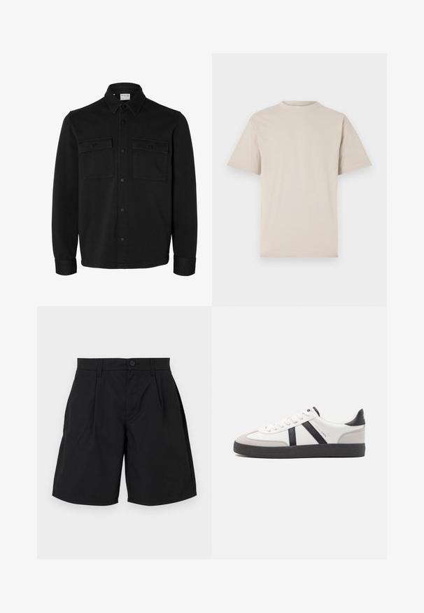 Zwart overhemdjack met lange mouwen en knopen, met spitse kraag, twee borstzakken met klep en knopen en knoopmanchetten.; Beige t-shirt met korte mouwen, ronde hals, gemaakt van een gladde katoenstof, met een relaxed fit en zonder zichtbare patronen of versieringen.; Zwarte shorts van gladde stof, met een knoopsluiting, twee voorplooien en zijzakken, met een relaxte pasvorm en rechte zoom.; Witte sneaker met zwarte en grijze accenten, voorzien van een grijze neus met textuur, zwarte rubberen zool en platte witte veters. Schoon ontwerp, minimalistische stijl.