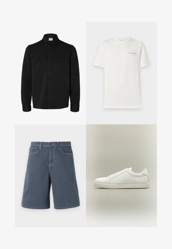 Chaqueta camisa negra de manga larga con botones, cuello puntiagudo, dos bolsillos en el pecho con solapas y botones, y puños abotonados.; Camiseta blanca lisa de manga corta con un pequeño logo de texto azul "SAMSØE SAMSØE" en el pecho izquierdo.; Pantalones cortos azul oscuro de algodón con costuras blancas, cinco bolsillos y un cierre de botón en la cintura. Diseño de pierna recta, con un detalle mínimo.; Zapatilla blanca de perfil bajo con cordones en la parte delantera y suela gruesa, mostrada de lado sobre un fondo neutro.