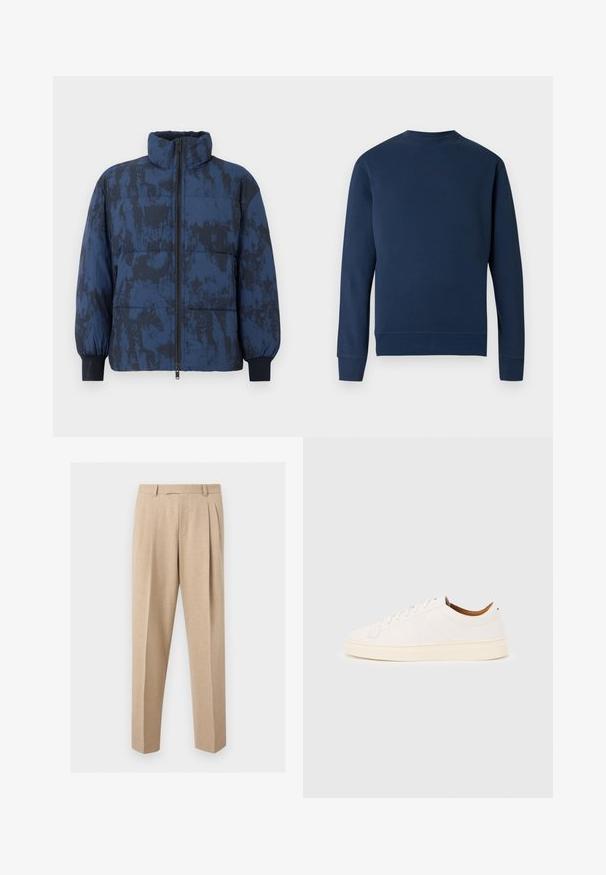 Puffervinterjakke i mørkeblå med et tekstureret mønster. Har høj krave, lynlås lukning og elastiske manchetter.; Mørkeblå sweatshirt med rund hals, ribstrikkede manchetter og kant. Har et diskret logo på brystet i matchende farve. Glat stofstruktur.; Beige skræddersyede bukser med frontplisser, bæltestropper og lige ben, vist mod en ensartet lys baggrund.; Hvid lavtop-sneakers med snørelukning, minimale syningsdetaljer og en cremefarvet sål på en lysegrå baggrund.