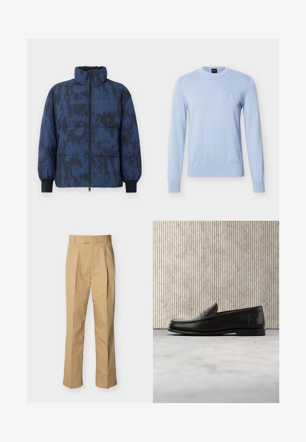 Puffervinterjakke i mørkeblå med et tekstureret mønster. Har høj krave, lynlås lukning og elastiske manchetter.; Lyseblå, langærmet striksweater med rund hals, ribbet manchetter og kant samt et lille broderet firkantet detaljer på venstre bryst.; Beige bukser lavet af glat bomuld med høj talje, der har folder foran og lige ben. Ingen synlige metaldele eller mønstre.; Sort læder penny loafer med lav hæl, rundet tå og syningsdetaljer langs fronten og siderne, vist på neutral baggrund.