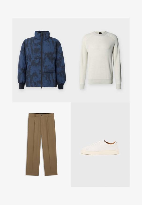 Dunkelblauer Steppjacke mit strukturiertem Muster. Verfügt über einen hohen Kragen, einen Reißverschluss und elastische Bündchen.; Off-White Langarm-Pullover mit Rundhalsausschnitt, Rippbündchen an Ärmeln, Saum und Hals, vor einfarbigem Hintergrund.; Braune gerade geschnittene Hose mit Gürtelschlaufen, Vorderknopf und Reißverschluss, flach auf weißem Hintergrund dargestellt.; Weißer Sneaker mit niedrigem Schaft und Schnürdesign, minimalen Nähten und einer cremefarbenen Sohle auf hellgrauem Hintergrund.
