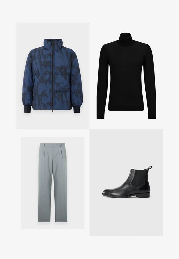Tumed sinine puhvjakakk, millel on tekstuuritud muster. Omab kõrget krae, tõmbluku sulgemist ja elastseid mansette.; Musthave muströid ja pehmest materjalist must turtleneck, millel on pikad varrukad ja tihe istuvus. Ribaga ääris allservas ja vöökohal. Lihtne disain.; Kerged hallid püksid tekstureeritud kangast, sirge jala disainiga, ühe voldiga ja alakäridega. Minimalistlik ja kohandatud välimus.; Must musta nahkjahi, millel on elastsed külgpaneelid, ümar varvas ja tõmbeaasa. Sile tekstuur, lame tald, minimalistlik disain.