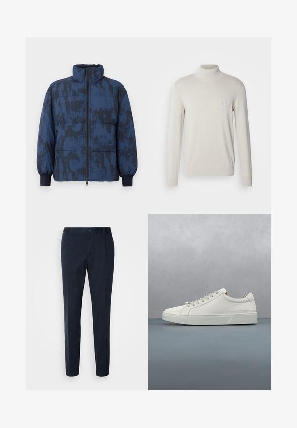 Puffervinterjakke i mørkeblå med et tekstureret mønster. Har høj krave, lynlås lukning og elastiske manchetter.; Lys beige turtleneck sweater lavet af et blødt strikket materiale, med lange ærmer og en lille firkantet logo-patch på brystet.; Mørkeblå bukser lavet af bomuldsblanding, med lige pasform, frontfolder og knaplukning i taljen. Glat tekstur, ingen mønstre.; Hvid lædersneaker med rund tå, minimalistisk design, grå snørebånd og en tekstureret grå gummisål. Subtile syningsdetaljer er synlige.