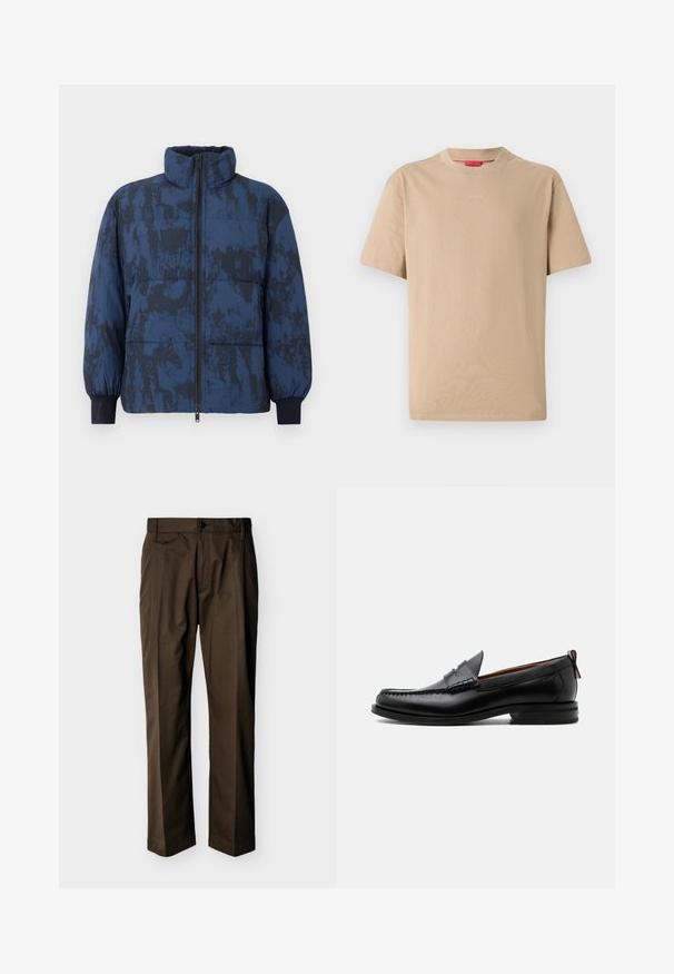 Puffervinterjakke i mørkeblå med et tekstureret mønster. Har høj krave, lynlås lukning og elastiske manchetter.; Beige bomulds T-shirt med korte ærmer, rund halsudskæring og subtilt "HUGO" logo i midten. Glat overflade, afslappet pasform.; Brune bukser med lige ben, lukning med knap og lynlås, bæltestropper og frontfold, vist på en ensfarvet baggrund.; Sort læder herre loafer med moc-tå syning, penny strop, struktureret krave og lav stablet hæl på hvid baggrund.