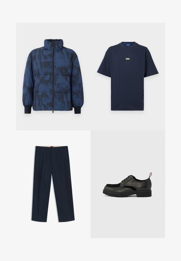 Puffervinterjakke i mørkeblå med et tekstureret mønster. Har høj krave, lynlås lukning og elastiske manchetter.; Marineblå T-shirt med korte ærmer og et lille beige rektangulært logo med teksten "HUGO" centreret på brystet.; Mørkeblå bukser med vide ben med bæltestropper, knaplukning og lynlås foran samt sidelommer, vist på en hvid baggrund.; Sort læder snøresko med tyk slidbanesål og rød hælestropp, vist i sideprofil på en lysegrå baggrund.