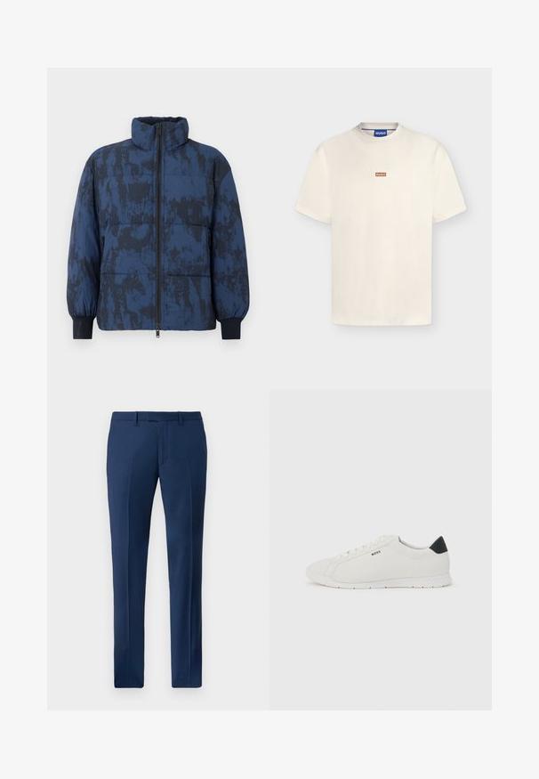 Dunkelblauer Steppjacke mit strukturiertem Muster. Verfügt über einen hohen Kragen, einen Reißverschluss und elastische Bündchen.; Cremefarbenes T-Shirt mit kurzen Ärmeln und kleinem braunem rechteckigem "HUGO"-Logo mittig auf der Brust sowie blauem Markenlabel am inneren Kragen.; Marineblaue maßgeschneiderte Anzughose mit Gürtelschlaufen, Reißverschluss vorne und Bügelfalten auf einem schlichten weißen Hintergrund.; Weißer Sneaker mit niedrigem Schnitt, schwarzem Fersenlaschen, weißen Schnürsenkeln und „BOSS“-Logo an der Seite, vor einem schlichten hellen Hintergrund gezeigt.