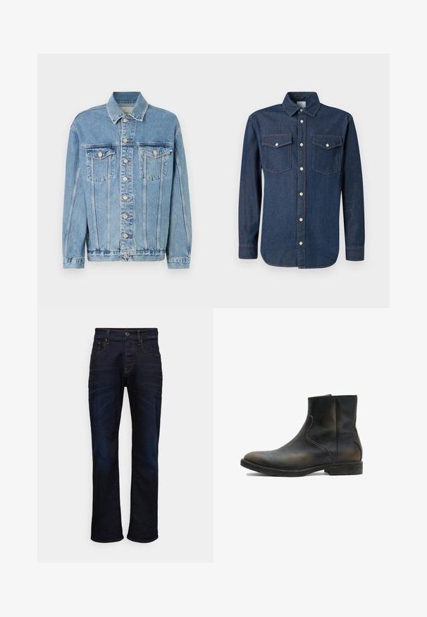 Veste en denim bleu clair avec un col, fermeture à boutons sur le devant, deux poches poitrine et des détails de décoloration subtils. Design classique à coupe droite.; Chemise en denim bleu foncé avec un col classique, des manches longues et deux poches poitrine. Présente des boutons blancs et des coutures contrastées.; Jean en denim bleu foncé avec une coupe droite, cinq poches et des détails de coutures contrastants. Le matériau a une texture lisse et tissée.; AllSaints LANG - Bottines - brown