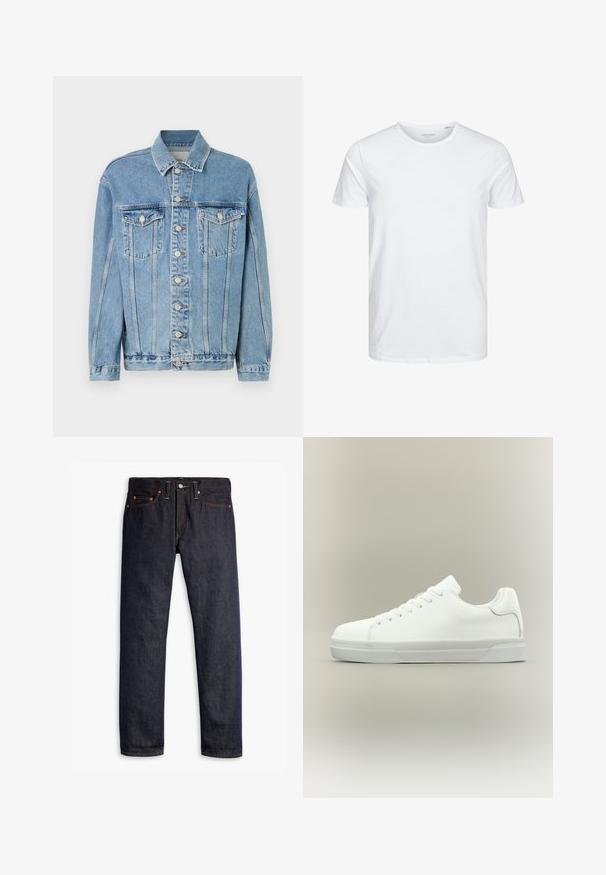 Hellblaue Jeansjacke mit Kragen, vorderem Knopfverschluss, zwei Brusttaschen und subtilen Waschungseffekten. Klassischer gerader Schnitt.; Rundhals-T-Shirt mit kurzen Ärmeln in reinem Weiß, aus weicher Baumwolle, mit einem schlichten Design ohne sichtbare Muster oder Akzente.; Dunkelblaue Jeans aus Denim mit geradem Schnitt, fünf Taschen-Design, kupfernen Nieten, gelben Nähten und einem ausgeprägten strukturierten Stoff.; Weißer Sneaker in niedriger Schnittform mit Schnürung vorne, gepolstertem Kragen und strukturiertem Gummisohle, seitlich auf neutralem Hintergrund dargestellt.