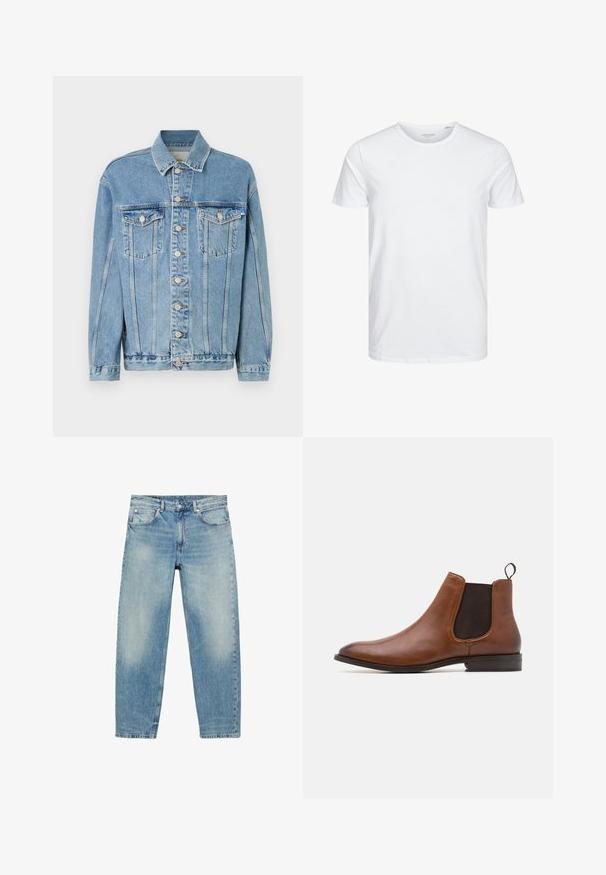 Veste en denim bleu clair avec un col, fermeture à boutons sur le devant, deux poches poitrine et des détails de décoloration subtils. Design classique à coupe droite.; T-shirt à col rond à manches courtes de couleur blanche unie, fabriqué en coton doux, avec un design simple sans motifs ni accents visibles.; Jean droit en denim bleu avec poches avant et passants de ceinture, présentant des détails légèrement décolorés sur les cuisses et les genoux.; Zign by Zalando LEATHER - Bottines - cognac