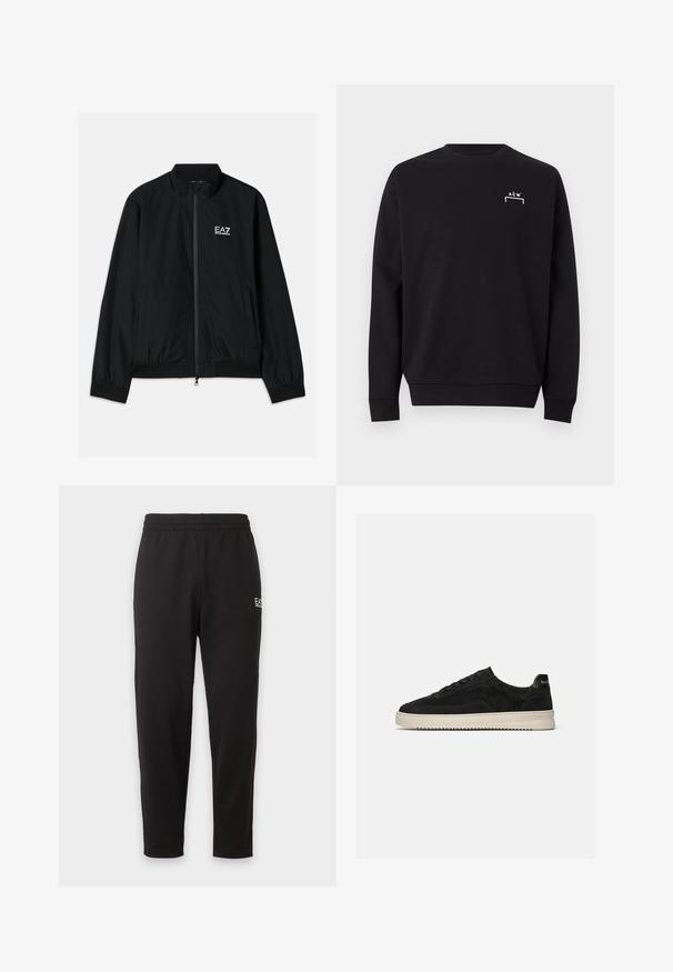 Veste bomber noire avec un col haut, fermeture éclair à l'avant, poignets et ourlet en élastique. Présente le logo EA7 blanc sur la poitrine gauche et deux poches latérales.; Sweat-shirt noir à manches longues col rond avec petit logo blanc "A C W" et motif de crochets sur la partie supérieure gauche de la poitrine.; Pantalon de survêtement noir à taille élastique, jambes fuselées, avec un petit logo blanc sur la partie supérieure de la cuisse gauche.; Baskets basses en daim noir avec lacets noirs et semelle blanche en caoutchouc, vue latérale sur fond gris clair uni.