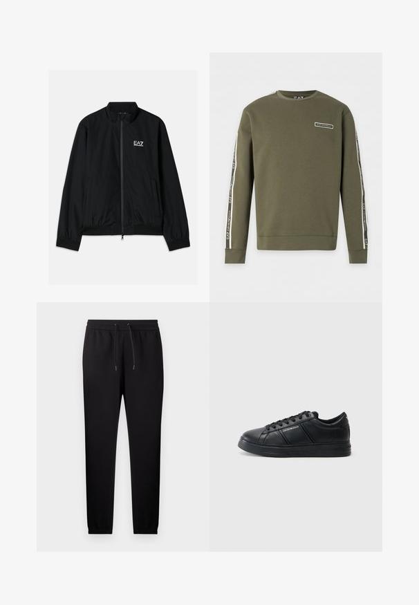 Sort bomberjakke med høj krave, lynlås foran, elastiske manchetter og kant. Har hvidt EA7-logo på venstre bryst og to sidelommer.; Olivengrøn langærmet sweatshirt med EA7 Emporio Armani-logo på brystet og mærkede striber ned langs begge ærmer.; Sorte skrå sweatpants med elastisk taljebånd og snøre, med manchetter ved anklerne og sidelommer.; Sorte lædersneakers med en glat finish, rund tå, snørebånd foran, polstret krave og teksturerede sideaccenter. Subtile logo-detaljer synlige.