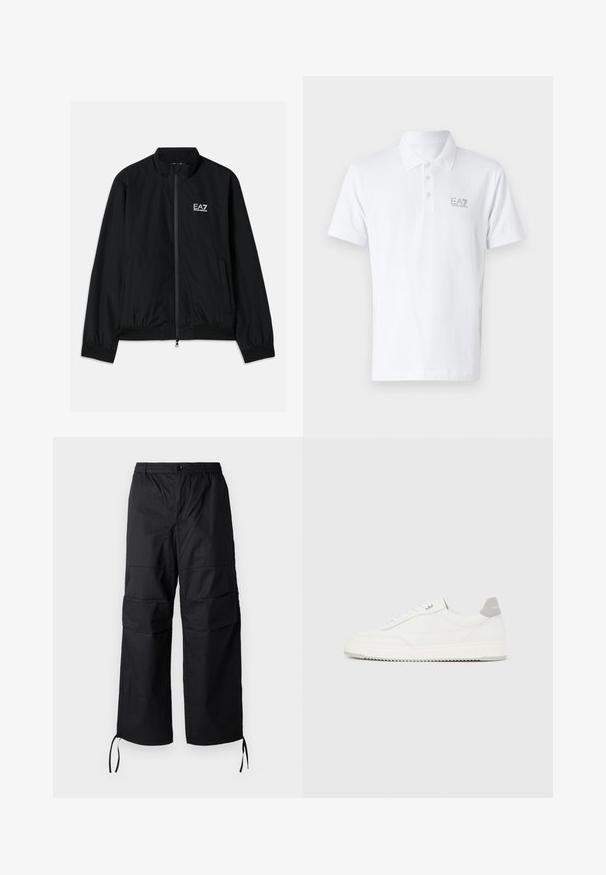 Schwarze Bomberjacke mit hohem Kragen, Reißverschluss vorne, elastischen Bündchen und Saum. Mit weißem EA7-Logo auf der linken Brust und zwei Seitentaschen.; Weißes Poloshirt aus Baumwolle. Mit klassischem Kragen, drei Knöpfen und grauem EA7-Logo auf der Brust. Kurze Ärmel.; Schwarze Cargo-Hosen aus leichtem Stoff mit weitem Bein, elastischem Bund und verstellbaren Kordeln an den Säumen. Zwei seitliche Taschen.; Weißer Sneaker mit niedrigem Schaft, grauem Fersenlaschen, weißen Schnürsenkeln und einer strukturierten Sohle, dargestellt vor einem schlichten hellen Hintergrund.