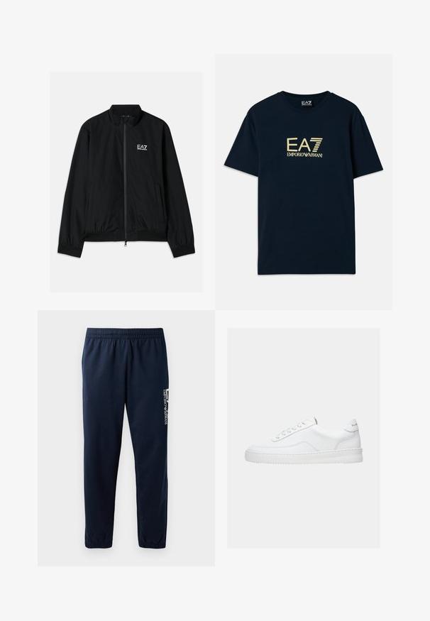 Čierna bomber bunda s vysokým golierom, predným zipsom, elastickými manžetami a spodným lemom. Obsahuje biele logo EA7 na ľavej hrudi a dve bočné vrecká.; Námornícky modré bavlnené tričko s potlačou zlatého loga "EA7 EMPORIO ARMANI" na hrudi, krátke rukávy a okrúhly výstrih.; Námornícky modré tepláky s elastickým pásom, zužujúcimi sa nohavicami a bielym logom na boku. Hladká látka s ľahkou textúrou.; Biela nízka teniska so šnurovacím dizajnom, hladkým koženým zvrškom a hrubou podrážkou, zobrazená z bočného pohľadu na jednoduchom pozadí.