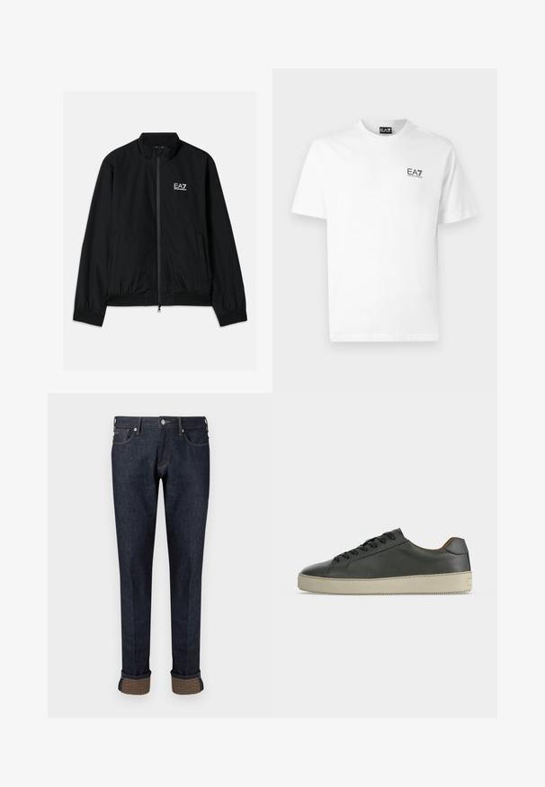 Schwarze Bomberjacke mit hohem Kragen, Reißverschluss vorne, elastischen Bündchen und Saum. Mit weißem EA7-Logo auf der linken Brust und zwei Seitentaschen.; Weißes Baumwoll-T-Shirt mit Rundhals, kurzen Ärmeln und schwarzem EA7-Logo auf der linken Brust. Glatte, einfarbige Textur.; Dunkelblaue Jeans aus Denim mit geradem Bein, ausgestattet mit einem umgeschlagenen Saum und einem markanten Akzent aus braunem Stoff auf den Bündchen.; Schwarzer Low-Top-Lederschuh mit schwarzen Schnürsenkeln und cremeweißer Gummisohle, von der Außenseite vor weißem Hintergrund gesehen.