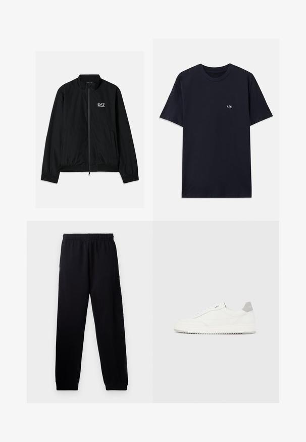 Schwarze Bomberjacke mit hohem Kragen, Reißverschluss vorne, elastischen Bündchen und Saum. Mit weißem EA7-Logo auf der linken Brust und zwei Seitentaschen.; Marineblaue Baumwoll-T-Shirt mit kurzen Ärmeln und Rundhalsausschnitt. Mit einem kleinen weißen "A|X"-Logo auf der linken Brustseite.; Schwarze Sporthosen mit einem elastischen Bund, schmal zulaufenden Beinen und einem strukturierten Logo-Detail am linken Bein. Hergestellt aus weichem, leichtem Stoff.; Weißer Sneaker mit niedrigem Schaft, grauem Fersenlaschen, weißen Schnürsenkeln und einer strukturierten Sohle, dargestellt vor einem schlichten hellen Hintergrund.