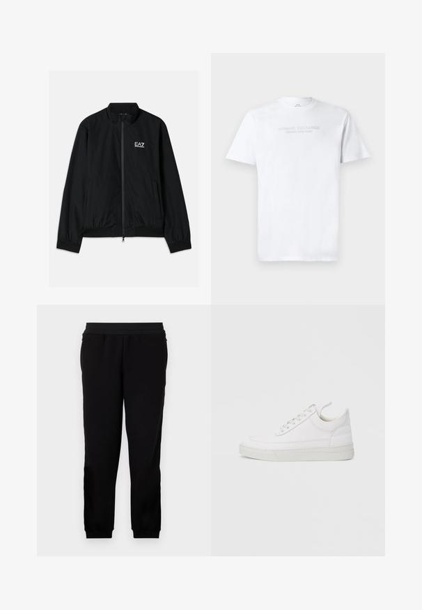 Schwarze Bomberjacke mit hohem Kragen, Reißverschluss vorne, elastischen Bündchen und Saum. Mit weißem EA7-Logo auf der linken Brust und zwei Seitentaschen.; Weißes Baumwoll-T-Shirt mit Rundhalsausschnitt, kurzen Ärmeln und geprägt "ARMANI EXCHANGE MILANO/NEW YORK" Logo auf der Vorderseite.; Schwarze Sweatpants aus einem weichen Material, mit elastischem Bund, eng anliegenden Bündchen und Seitentaschen für zusätzlichen Komfort.; Weißer Ledersneaker mit abgerundetem Zehenbereich, flacher Sohle und Schnürverschluss. Verfügt über Nahtdetails und einen gepolsterten Kragen für zusätzlichen Komfort.