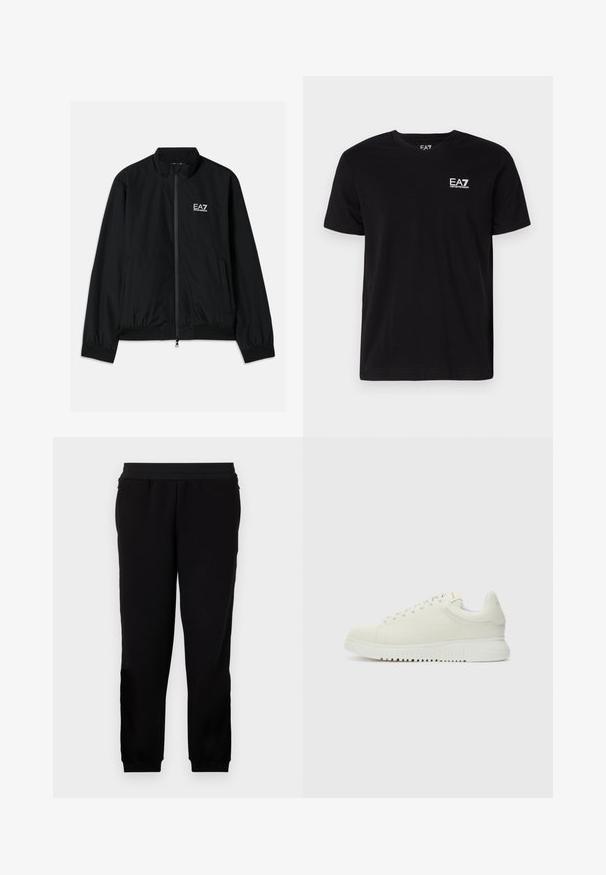 Zwarte bomberjack met een hoge kraag, rits aan de voorkant, elastische manchetten en een elastische zoom. Bevat een witte EA7-logo op de linkerkant van de borst en twee zijzakken.; Zwarte katoenen t-shirt met een V-hals en korte mouwen. Voorzien van een wit EA7-logo op de linkerborst. Soepele textuur, standaard pasvorm.; Zwarte sportbroek gemaakt van zachte stof, met een elastische tailleband, getailleerde manchetten en zijzakken voor extra gemak.; Witte leren sneaker met een textuur bovenkant, ronde neus, vlakke witte zool en tonale veters. Subtiele branding op de tong.