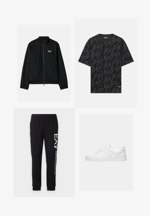 Schwarze Bomberjacke mit hohem Kragen, Reißverschluss vorne, elastischen Bündchen und Saum. Mit weißem EA7-Logo auf der linken Brust und zwei Seitentaschen.; Schwarzes T-Shirt mit kurzen Ärmeln und Rundhalsausschnitt, das wiederholende dunkelgraue "EA7"-Logos zeigt und ein kleines EA7 Emporio Armani Etikett am Saum hat.; Schwarze Jogginghose aus dehnbarem Stoff. Verfügt über einen elastischen Bund, schmale Bündchen und weiße Markenkennzeichnung am linken Bein.; Weißer Sneaker mit niedrigem Schaft, Schnürdesign, glattem Lederobermaterial und dicker Sohle, von der Seite auf einfachem Hintergrund gezeigt.