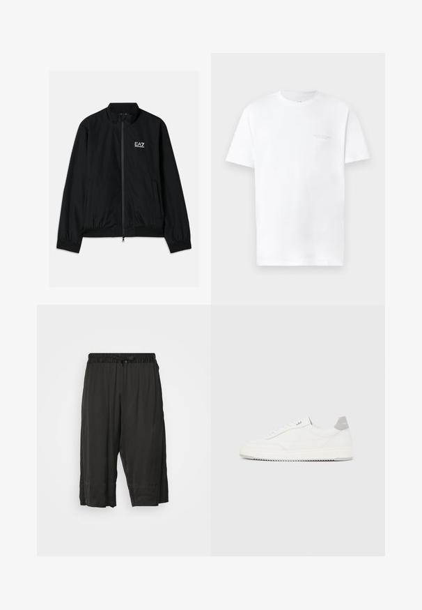Schwarze Bomberjacke mit hohem Kragen, Reißverschluss vorne, elastischen Bündchen und Saum. Mit weißem EA7-Logo auf der linken Brust und zwei Seitentaschen.; Weißes Baumwoll-T-Shirt mit kurzen Ärmeln, Rundhalsausschnitt, mit subtiler grauer Logodruck auf der linken Brustseite und glatter Textur.; Schwarze, kurz geschnittene Hosen mit einem elastischen Bund und einer Kordel. Hergestellt aus einem glatten, leichten Stoff mit Seitennähten für eine lässige Passform.; Weißer Sneaker mit niedrigem Schaft, grauem Fersenlaschen, weißen Schnürsenkeln und einer strukturierten Sohle, dargestellt vor einem schlichten hellen Hintergrund.