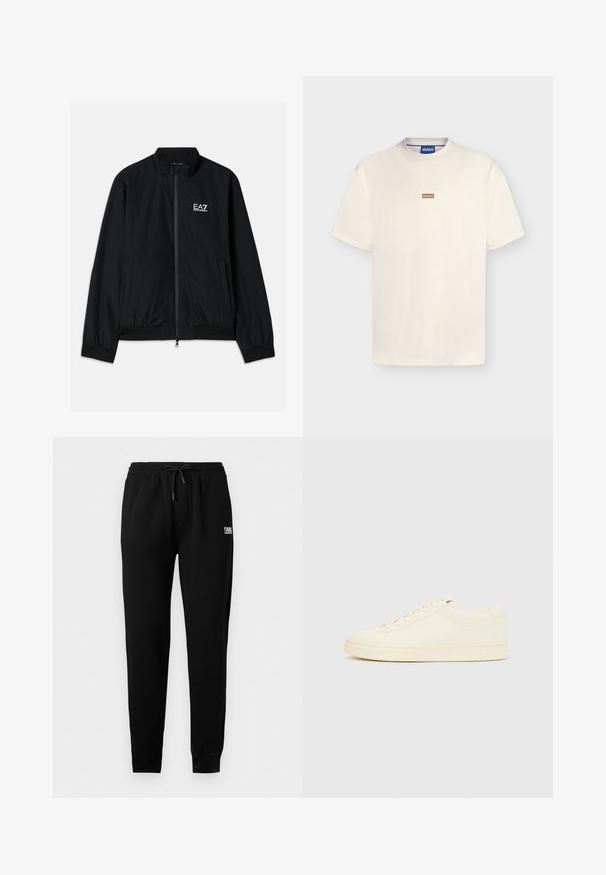 Chaqueta bomber negra con cuello alto, cremallera en la parte delantera, puños y dobladillo elásticos. Presenta el logo blanco de EA7 en el lado izquierdo del pecho y dos bolsillos laterales.; Camiseta de manga corta color crema con pequeño logo rectangular marrón "HUGO" centrado en el pecho y etiqueta azul de la marca en el interior del cuello.; Pantalones jogger negros de corte slim con cinturilla elástica y cordón, tobillos con puños y pequeño logo blanco "KARL LAGERFELD" en la cadera derecha.; Zapatilla de color crema con parte superior de cuero liso, puntera redondeada, cierre de cordones y suela de goma texturizada. Diseño minimalista, sin logotipos.