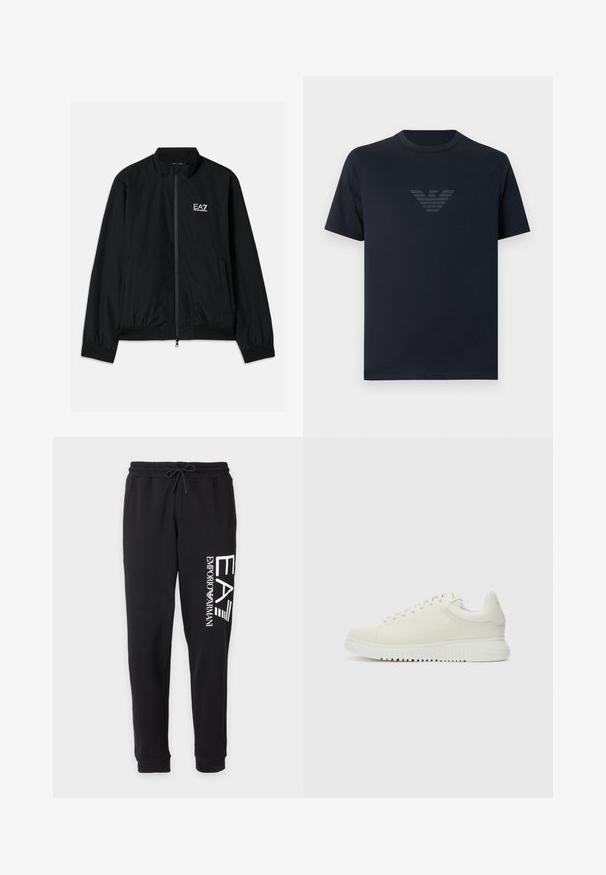 Schwarze Bomberjacke mit hohem Kragen, Reißverschluss vorne, elastischen Bündchen und Saum. Mit weißem EA7-Logo auf der linken Brust und zwei Seitentaschen.; Schwarzes kurzärmeliges T-Shirt mit Rundhalsausschnitt und einem dezenten glänzenden Adlerlogo in der Mitte der Brust.; Schwarze Jogginghose mit elastischem Bund und Kordelzug, mit weißem vertikalem "EA7 Emporio Armani" Logo an einem Bein.; Weiße Leder-Sneaker mit texturiertem Obermaterial, runder Zehenpartie, flacher weißer Sohle und tonalen Schnürsenkeln. Dezentes Branding auf der Zunge.