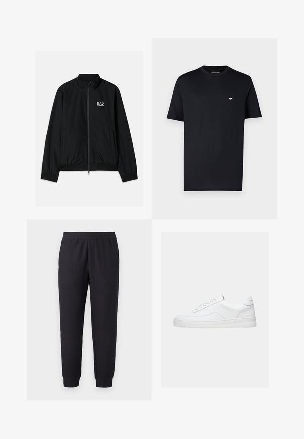 Schwarze Bomberjacke mit hohem Kragen, Reißverschluss vorne, elastischen Bündchen und Saum. Mit weißem EA7-Logo auf der linken Brust und zwei Seitentaschen.; Schwarzes Baumwoll-T-Shirt mit Rundhalsausschnitt, kurzen Ärmeln und kleinem goldenem Logo auf der Brust. Glatte Textur, Standardpassform.; Schwarze, verjüngte Sweatpants mit elastischem Bund und Bündchen, mit subtil strukturiertem Muster und seitlichen Taschen.; Weißer Sneaker mit niedrigem Schaft, Schnürdesign, glattem Lederobermaterial und dicker Sohle, von der Seite auf einfachem Hintergrund gezeigt.