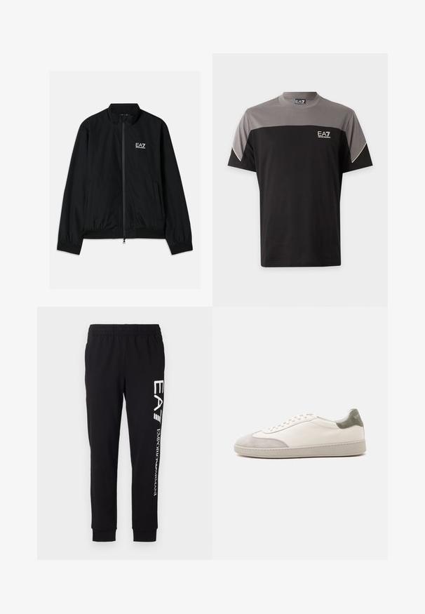 Chaqueta bomber negra con cuello alto, cremallera en la parte delantera, puños y dobladillo elásticos. Presenta el logo blanco de EA7 en el lado izquierdo del pecho y dos bolsillos laterales.; Camiseta EA7 Emporio Armani de manga corta en negro y gris con logo en el pecho y ribete blanco en las mangas.; Pantalones deportivos negros hechos de tejido elástico. Cuentan con una cintura elástica, puños acampanados, y una marca blanca en la pierna izquierda.; Zapatilla blanca de caña baja con detalles de ante gris claro en la puntera y el talón, cordones blancos y una suela plana beige, vista desde el lado exterior.