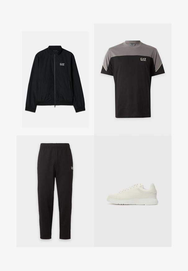 Chaqueta bomber negra con cuello alto, cremallera en la parte delantera, puños y dobladillo elásticos. Presenta el logo blanco de EA7 en el lado izquierdo del pecho y dos bolsillos laterales.; Camiseta EA7 Emporio Armani de manga corta en negro y gris con logo en el pecho y ribete blanco en las mangas.; Pantalones de chándal negros con cintura elástica, piernas estrechas y un pequeño logo blanco en la parte superior del muslo izquierdo.; Zapatilla blanca de cuero con parte superior texturizada, punta redondeada, suela blanca plana y cordones tonales. Marca sutil en la lengüeta.