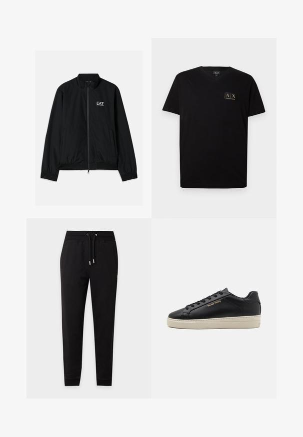 Schwarze Bomberjacke mit hohem Kragen, Reißverschluss vorne, elastischen Bündchen und Saum. Mit weißem EA7-Logo auf der linken Brust und zwei Seitentaschen.; Schwarz V-Ausschnitt-T-Shirt aus weichem Baumwollstoff. Mit einem kleinen, goldakzentuierten Logo-Patch auf der linken Brust. Kurzarm und lässige Passform.; Schwarze Slim-Fit-Jogginghose mit elastischem Bund, Kordelzug, Seitentaschen und Bündchen an den Knöcheln.; Schwarze Leder-Sneaker mit glatter Oberfläche, kontrastierender cremefarbener Sohle, abgerundeter Spitze, goldfarbenem Logo an der Seite und sechs Ösen für die Schnürsenkel.