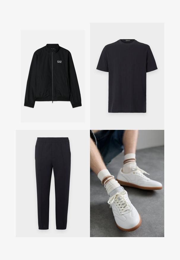 Schwarze Bomberjacke mit hohem Kragen, Reißverschluss vorne, elastischen Bündchen und Saum. Mit weißem EA7-Logo auf der linken Brust und zwei Seitentaschen.; Schwarzes T-Shirt mit Rundhalsausschnitt und kurzen Ärmeln, aus strukturiertem Stoff mit dezentem Muster, bietet eine lockere Passform und geraden Schnitt.; Schwarze Jogginghose mit elastischem Bund, zulaufenden Beinen, Seitentaschen und glattem Stoff. Mit abgesteppten Details entlang der Nähte.; Weiße Ledersneaker mit glatter Textur, grauen Wildlederelementen, beigen Gummisohlen und flachen Schnürsenkeln. Kombiniert mit cremefarbenen und braun gestreiften Socken.