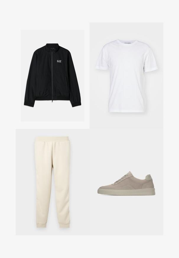 Chaqueta bomber negra con cuello alto, cremallera en la parte delantera, puños y dobladillo elásticos. Presenta el logo blanco de EA7 en el lado izquierdo del pecho y dos bolsillos laterales.; Camiseta de algodón blanca con escote redondo, mangas cortas y corte recto. Sin patrones ni adornos, textura suave y diseño sencillo.; Pantalones de chándal beige claro hechos de una tela suave, con un diseño ajustado, cinturilla elástica y puños en los tobillos. Sin patrones ni acentos visibles.; Zapatillas deportivas de ante beige con acabado texturizado, puntera redondeada y cordones tono sobre tono. Cuenta con una suela de goma gruesa y una sutil marca en el talón.