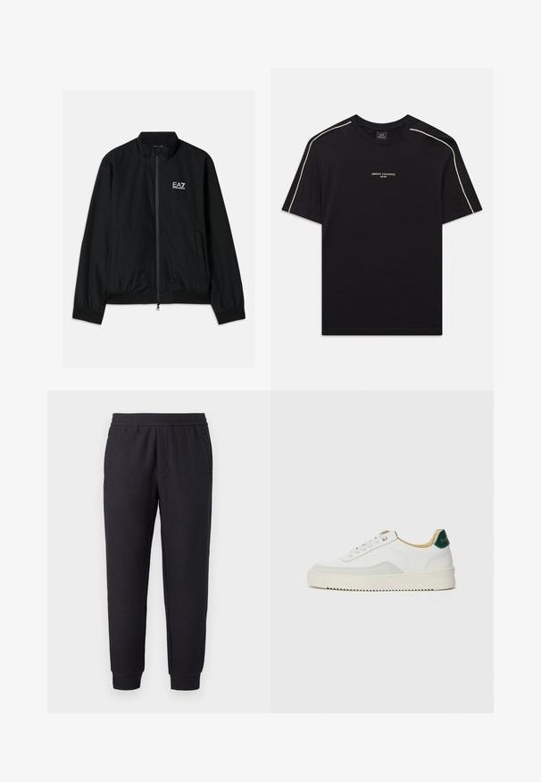 Chaqueta bomber negra con cuello alto, cremallera en la parte delantera, puños y dobladillo elásticos. Presenta el logo blanco de EA7 en el lado izquierdo del pecho y dos bolsillos laterales.; Camiseta de algodón negra de manga corta, con cuello redondo, costuras de acento beige en los hombros y el logotipo de ARMANI EXCHANGE en el centro.; Pantalones deportivos negros con corte cónico, cinturilla y puños elásticos, con un sutil patrón texturizado y bolsillos laterales.; Zapatilla blanca con acentos de ante, puntera redondeada, cordones planos y suela de goma color crema. Presenta un logo verde en el talón.