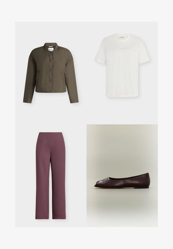 Veste matelassée vert olive avec fermeture à boutons-pression, col rond, manches longues et deux poches latérales, présentée sur un fond clair uni.; T-shirt blanc à manches courtes et col rond avec un petit texte bleu clair "marcopeddenim" centré sur la poitrine, fond uni.; Pantalon femme taille haute, jambe droite, en tissu violet uni atténué, sans poches visibles ni ornements, vue de face sur fond blanc.; Chaussure plate en cuir marron foncé avec bout ouvert et petit talon sur fond clair uni.