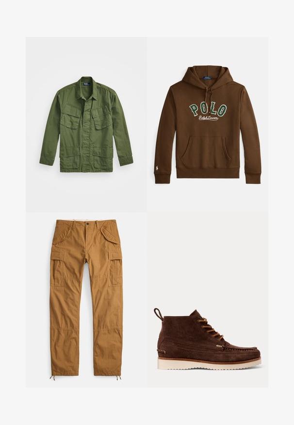 Olivengrøn militærjakke med lange ærmer, spidse krave og fire forlommer. Fremstillet af et let, struktureret stof.; Brun hættetrøje med grøn og hvid "POLO Ralph Lauren" tekst, front-lomme som en kænguru, og lille hvidt logo på venstre ærmekant.; Beige cargobukser lavet af bomuld, med flere lommer, en afslappet pasform og snore i benenderne til justerbar længde.; Brun ruskind ankelstøvle med snørebånd foran, syningsdetaljer, hæl-loop og hvid rillede sål på ensfarvet baggrund.