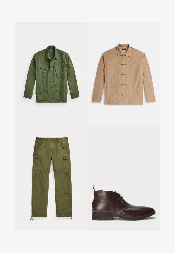 Olivengrøn militærjakke med lange ærmer, spidse krave og fire forlommer. Fremstillet af et let, struktureret stof.; Beige fløjlsjakke med krave, fire franske lukninger, to nederste lommer og et lille broderet logo på venstre bryst.; Oliven grønne cargo bukser lavet af tekstureret bomuld, med sidelommer, elastiske manchetter og en knaplukning i taljen.; Mørkebrun læder ankelstøvle med to snørrehuller, pull-tab ved hælen og sort gummisål, vist fra ydersiden på en hvid baggrund.