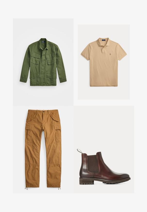 Olivengrøn militærjakke med lange ærmer, spidse krave og fire forlommer. Fremstillet af et let, struktureret stof.; Beige polo med korte ærmer, to knapper og lille broderet logo på venstre bryst.; Beige cargobukser lavet af bomuld, med flere lommer, en afslappet pasform og snore i benenderne til justerbar længde.; Brun læder Chelsea-støvle med elastisk sidepanel, træksløjfe ved hælen og chunky gummisål med slidbaner.