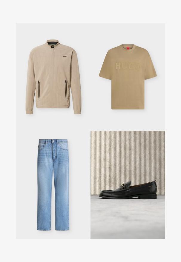 Veste légère beige avec fermeture éclair complète à l'avant, deux poches latérales zippées, col montant et logo "BOSS" sur la poitrine.; T-shirt beige à manches courtes avec col rond et logo embossé "HUGO" centré sur la poitrine.; Jean droit en denim bleu clair avec fermeture par bouton et zip, poches avant et arrière, et passants de ceinture à la taille.; Mocassin en cuir noir avec mors en métal doré et logo "HUGO", présenté sur un tapis beige et un meuble translucide marron.