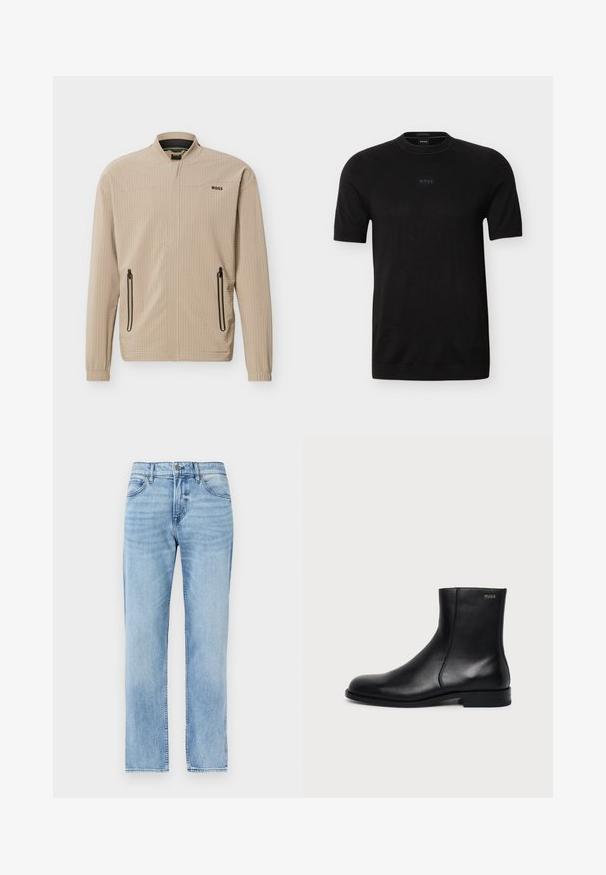 Veste légère beige avec fermeture éclair complète à l'avant, deux poches latérales zippées, col montant et logo "BOSS" sur la poitrine.; T-shirt noir à manches courtes avec col rond, logo "BOSS" subtil centré sur la poitrine, en tissu fin tricoté.; Jean denim bleu clair droit avec poches avant, passants pour ceinture, bouton et fermeture éclair.; Bottine en cuir noir à talon bas, couture latérale et petit logo "HUGO" sur le revers supérieur sur un fond uni.