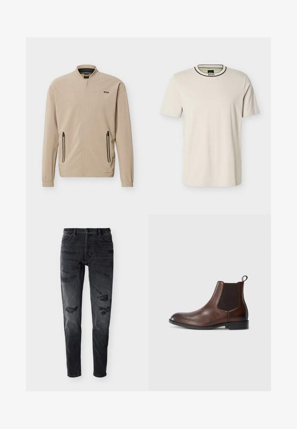 Veste légère beige avec fermeture éclair complète à l'avant, deux poches latérales zippées, col montant et logo "BOSS" sur la poitrine.; T-shirt crème à manches courtes en coton, doté d'un col rond avec un liseré noir et d'une étiquette de marque verte à l'intérieur du col.; Jean noir slim ajusté vieilli avec bouton à l'avant, passants pour ceinture et zones usées sur les cuisses et les genoux sur fond blanc.; Bottines Chelsea en cuir marron avec des panneaux élastiques sur les côtés, bout arrondi, languette de tirage et un léger talon avec une semelle texturée.