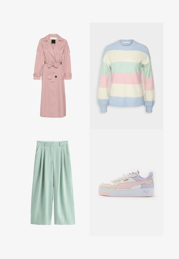 Rosa Trenchcoat aus leichtem Stoff, mit tailliertem Gürtel, großem Kragen und Knopfleiste. Enthält Manschettenriemen und seitliche Taschen.; Strickpullover mit horizontalen Streifen in Blau, Mintgrün, Rosa, Creme und Hellblau. Rundhalsausschnitt und gerippte Bündchen.; Hellgrüne Hose mit weitem Bein, hohem Bund, Vorderfalten, Gürtelschlaufen und Seitentaschen, auf weißem Hintergrund dargestellt.; Herren-Sneaker in Creme, Pink und Lavendel, aus synthetischem Leder, mit weißen Schnürsenkeln, einer dicke weißen Sohle und goldenen Logo-Akzenten.