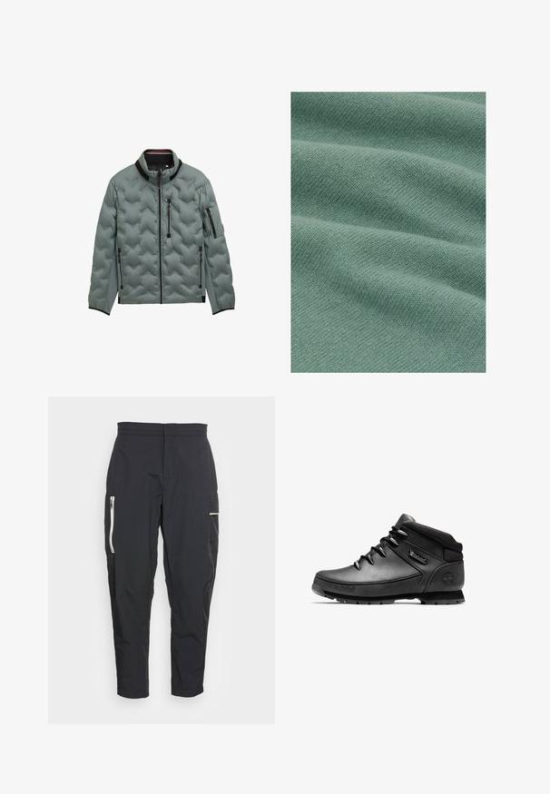 Heledhall hallidego jacket musta äärega, täispikk eeslukk, rinna- ja külje tõmblukkudega taskud ning tõmblukuga tasku vasakul varrukal.; Pehmea, heledat roheline kangas, millel on sile, veidi tekstureeritud pind ja peen kudumispattern, paigutatud õrnadesse voldidesse.; Mustad mustad püksid kergest kangast. Omadused hõlmavad küljetaskute lukkusid ja tekstuurset aktsenti reie peal. Kohandatud sobivus.; Mustad keskmise kõrgusega matkasaapad polsterdatud krae, metallist silmad, robustse tallaga ja Timberlandi logoga kontsal ja külgmisel paneelil.